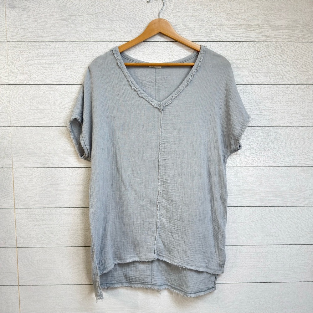 La Miel Gauze Cotton V-Neck Top Dusty Blue Hi-Low Frayed Hem Boho Beach Coverup